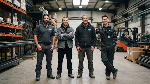 Four men in a warehouse wearing work trousers, a polo shirt, a work jacket, a hoodie and bib and brace overalls