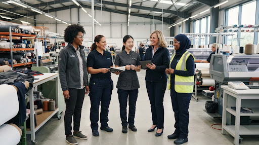 Five women in a production facility wearing work trousers, polo shirts, a fleece jacket, a tunic and a hi-vis vest