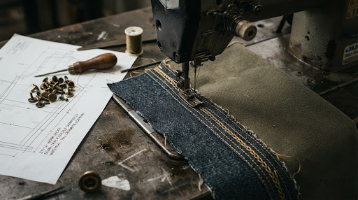 Close-up of heavy triple stitching on workwear fabric